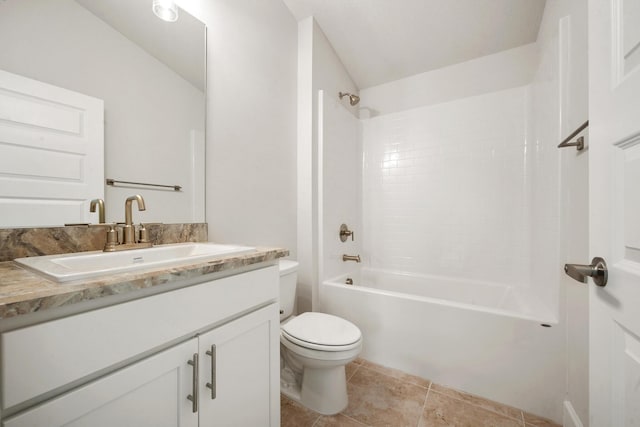 full bathroom featuring shower / tub combination, vanity, toilet, and tile patterned floors