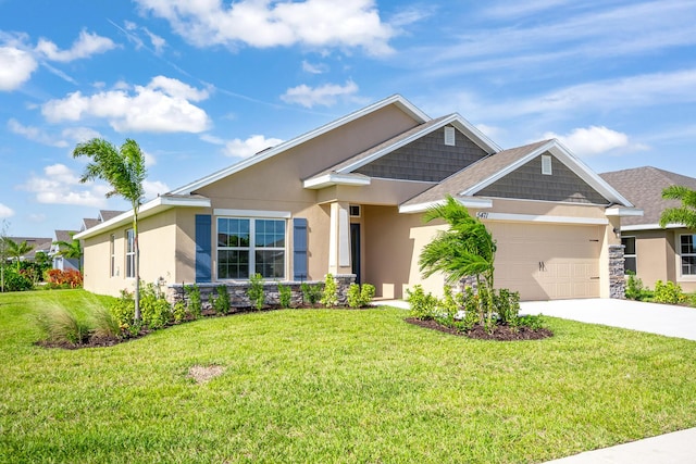 craftsman-style home with a garage and a front lawn