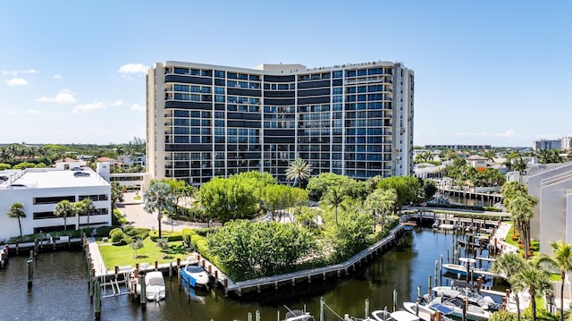 view of building exterior featuring a water view