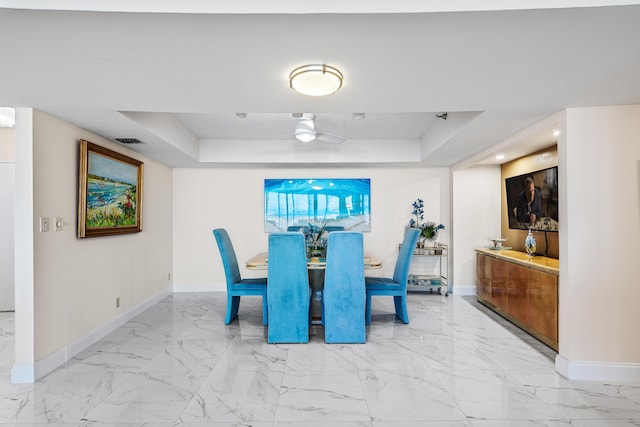 dining area with a tray ceiling and ceiling fan