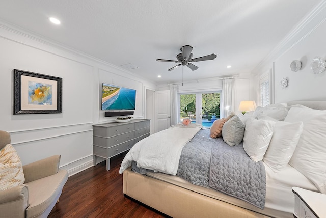 bedroom featuring french doors, ornamental molding, access to outside, ceiling fan, and dark wood-type flooring