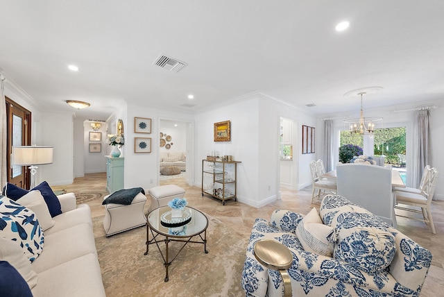 living room with ornamental molding and an inviting chandelier