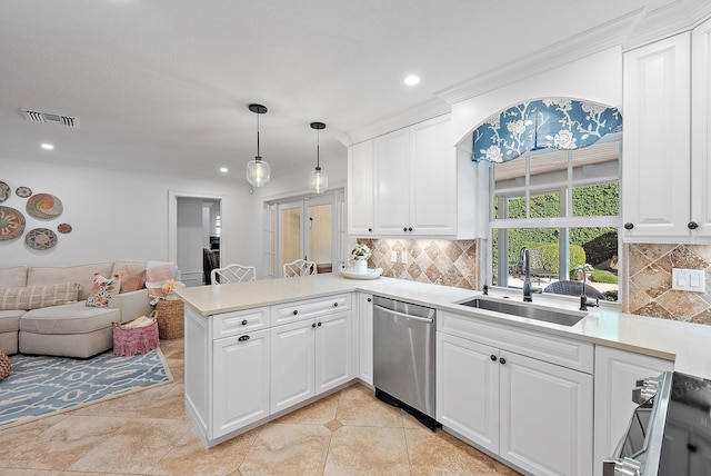 kitchen with dishwasher, white cabinetry, kitchen peninsula, and sink