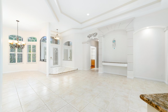 unfurnished living room with a chandelier, light tile patterned floors, and crown molding