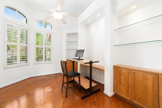 office space featuring ceiling fan and hardwood / wood-style flooring