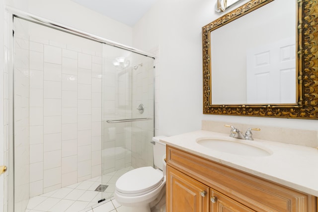 bathroom with tile patterned flooring, vanity, toilet, and a shower with door