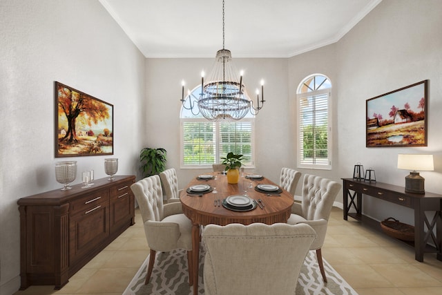 dining space with crown molding, light tile patterned floors, and a chandelier