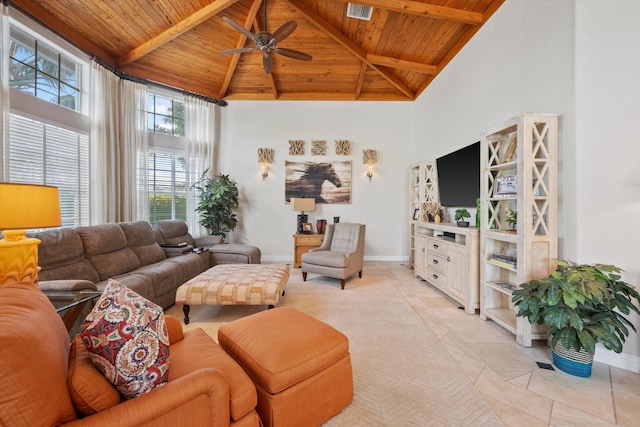 tiled living room with ceiling fan, wood ceiling, and high vaulted ceiling