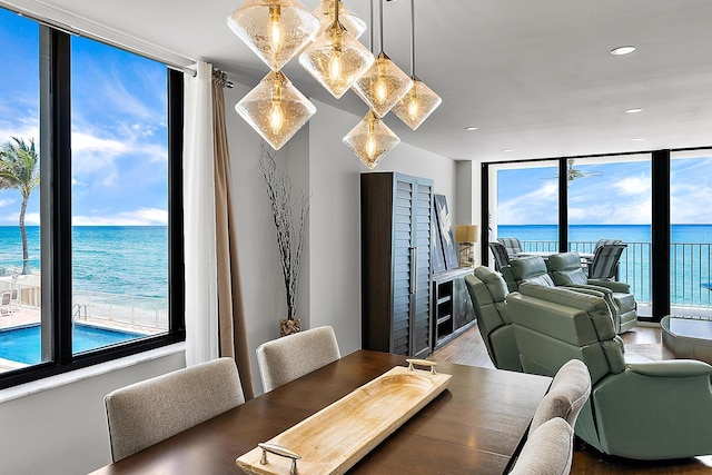 dining space featuring a view of the beach, a water view, and hardwood / wood-style flooring