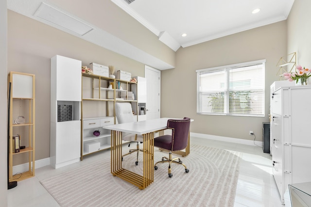 office area with light tile patterned floors and crown molding