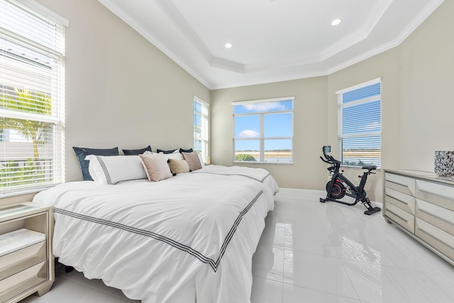 bedroom with a raised ceiling, ornamental molding, and light tile patterned flooring