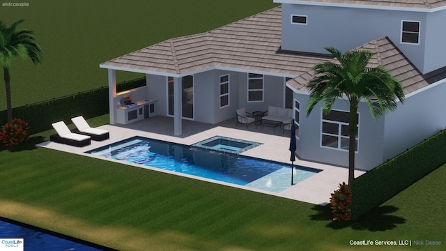 view of swimming pool with a lawn, an outdoor kitchen, an in ground hot tub, and a patio