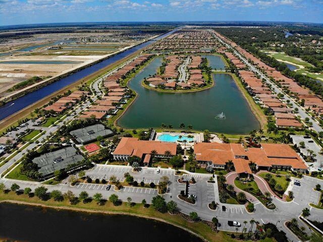 aerial view featuring a water view