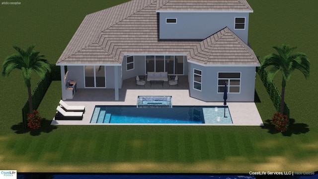 back of house with a lawn, a patio area, and an outdoor living space