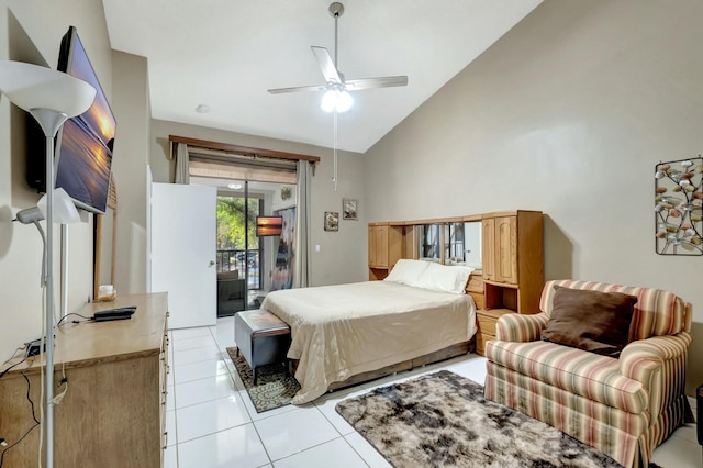 bedroom with access to exterior, light tile patterned flooring, a ceiling fan, and high vaulted ceiling