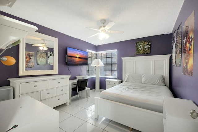 bedroom with light tile patterned flooring and a ceiling fan