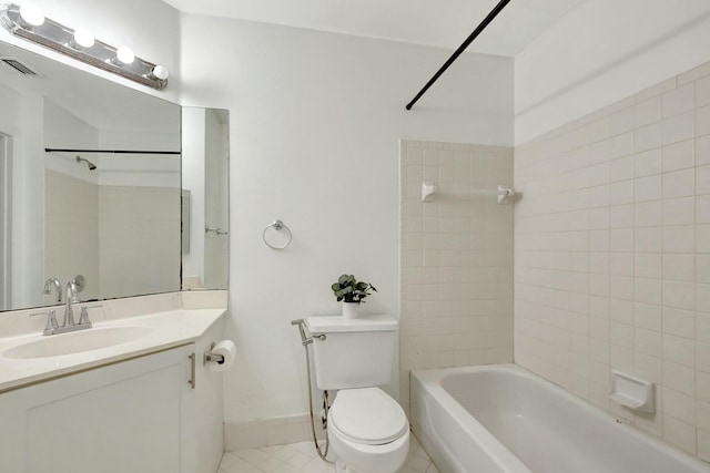 full bathroom featuring visible vents, baseboards, toilet, vanity, and  shower combination