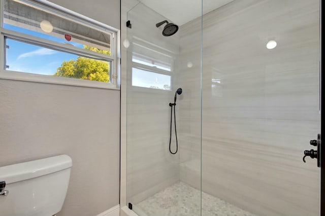 bathroom featuring toilet, plenty of natural light, and tiled shower