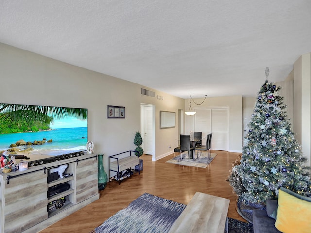 living room with dark hardwood / wood-style flooring and a textured ceiling