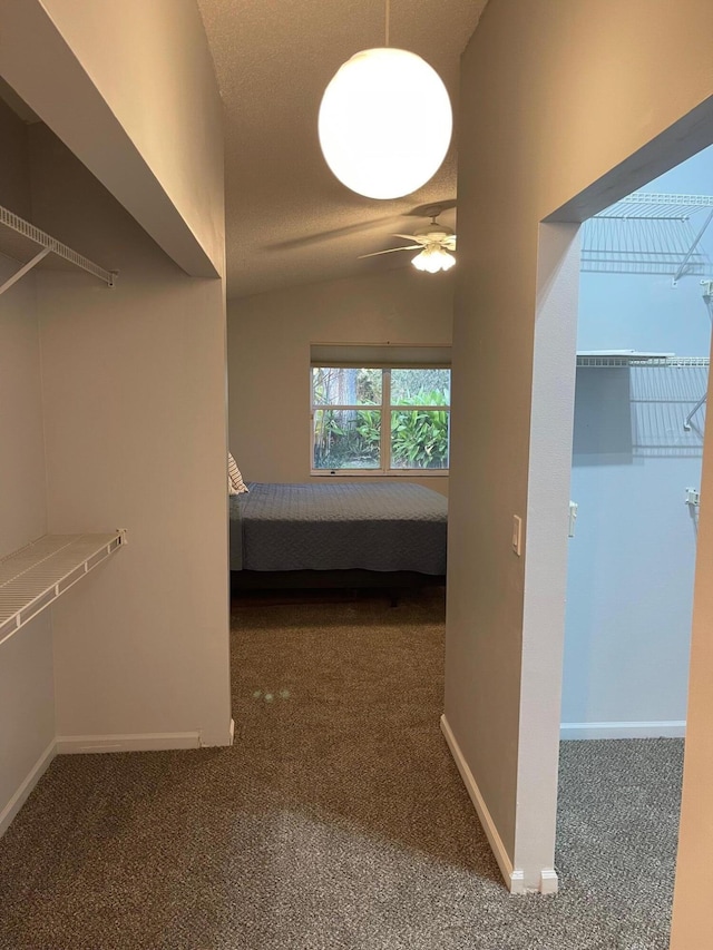 interior space featuring lofted ceiling and dark carpet