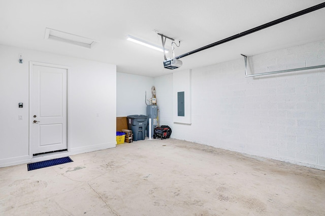 garage featuring electric panel, a garage door opener, and water heater