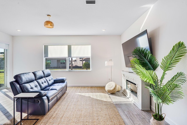 living room with light hardwood / wood-style floors and a premium fireplace