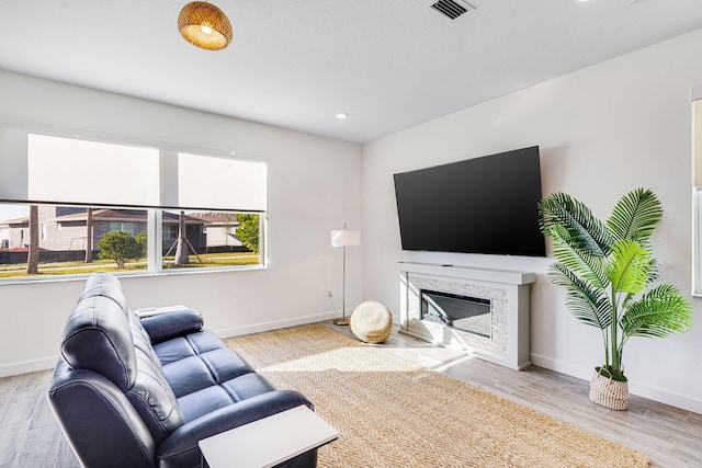 living room with a fireplace and light hardwood / wood-style flooring