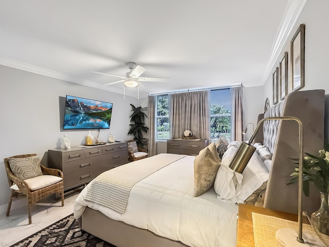 bedroom featuring ceiling fan and crown molding