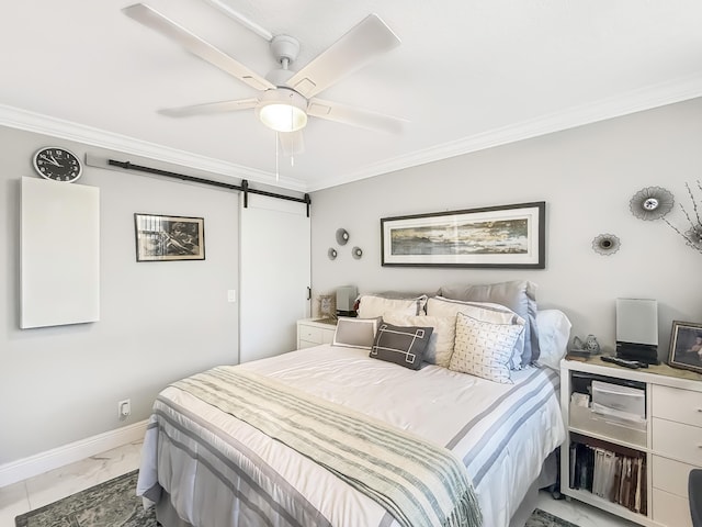 bedroom with a barn door, ceiling fan, and crown molding