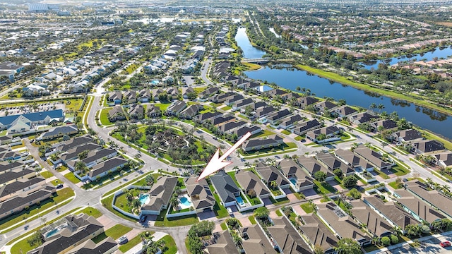 drone / aerial view featuring a water view