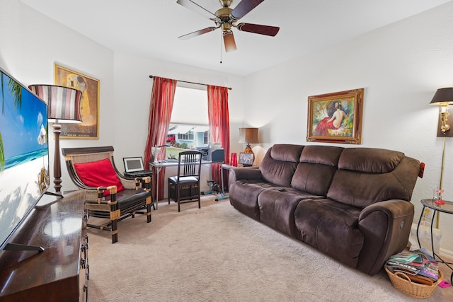 living room with carpet floors and ceiling fan