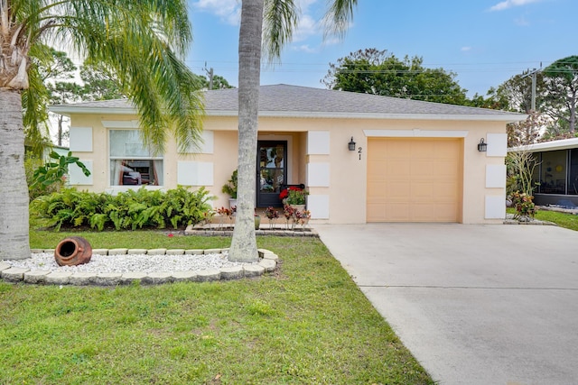 single story home with a front yard and a garage