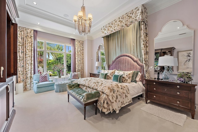 bedroom with light carpet, crown molding, and a chandelier