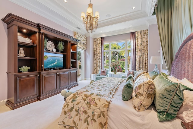 carpeted bedroom with a chandelier, crown molding, and a raised ceiling