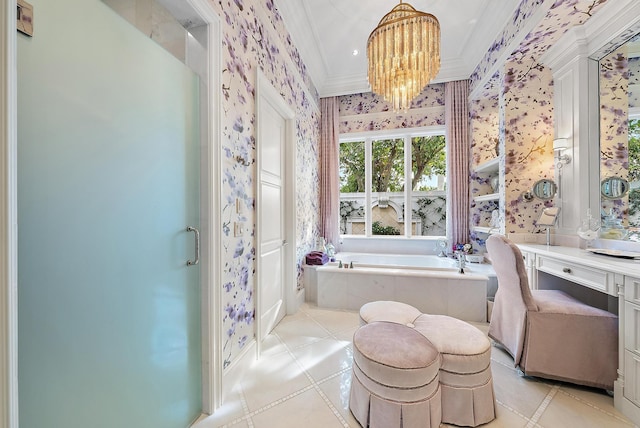 bathroom with a chandelier, crown molding, a relaxing tiled tub, and tile patterned flooring