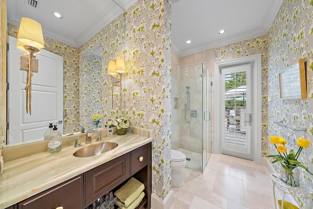 bathroom featuring toilet, vanity, ornamental molding, and walk in shower