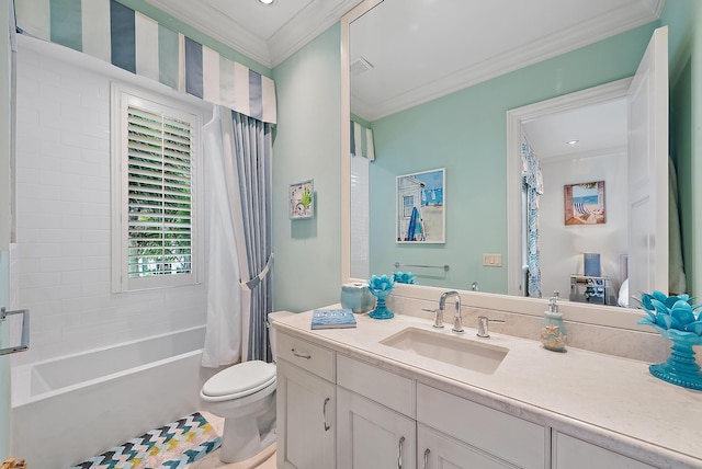 full bathroom featuring shower / bathtub combination with curtain, tile patterned floors, vanity, toilet, and crown molding