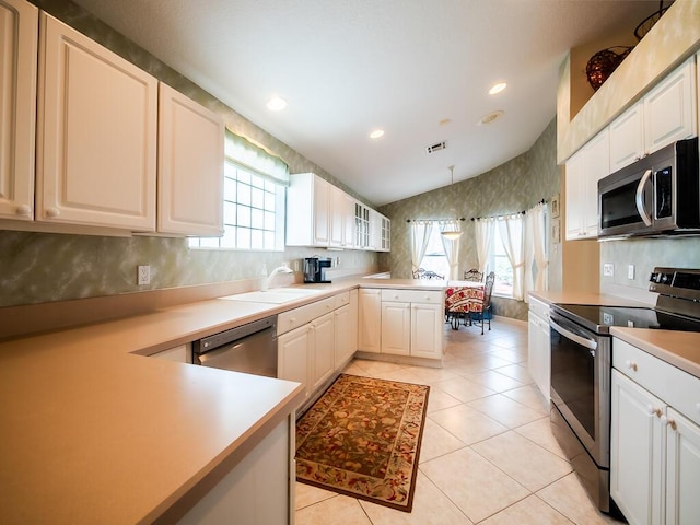 kitchen with kitchen peninsula, plenty of natural light, stainless steel appliances, and sink