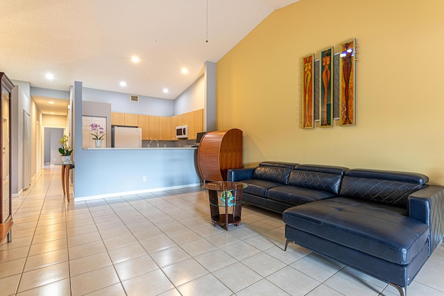 tiled living room with lofted ceiling and sink