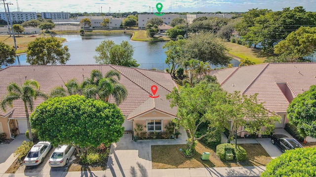 aerial view featuring a water view