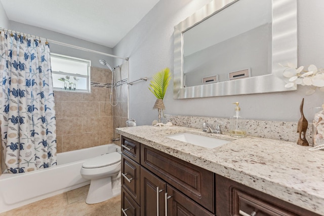 full bathroom with tile patterned flooring, vanity, toilet, and shower / bath combo with shower curtain