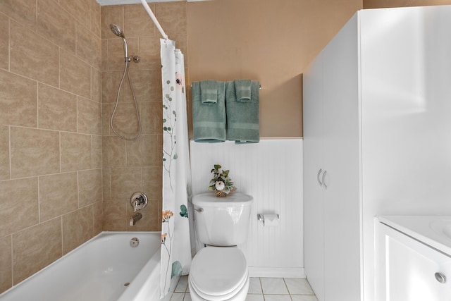 full bathroom with tile patterned flooring, vanity, toilet, and shower / tub combo with curtain