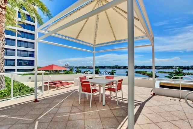 view of patio featuring a water view