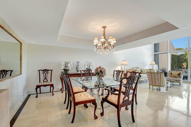 dining space featuring a wall of windows, a raised ceiling, a notable chandelier, and light tile patterned floors