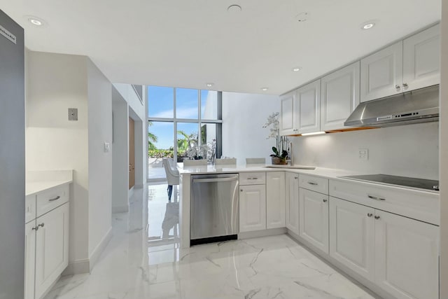 kitchen featuring a peninsula, black electric stovetop, under cabinet range hood, white cabinetry, and stainless steel dishwasher