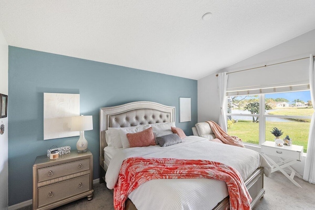 bedroom with carpet flooring and lofted ceiling