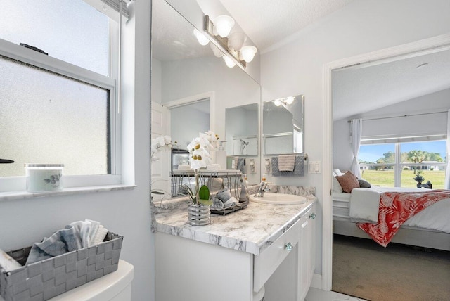 bathroom featuring toilet, vanity, a textured ceiling, and vaulted ceiling