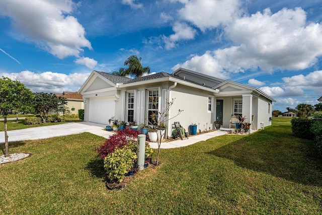 ranch-style house featuring a garage and a front lawn