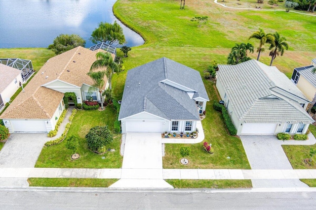 bird's eye view with a water view