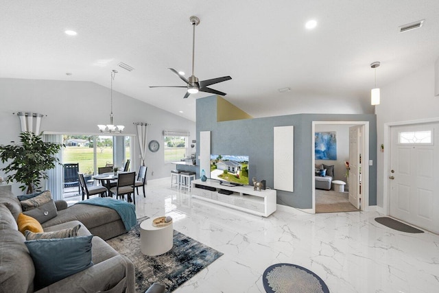 living room featuring high vaulted ceiling, a healthy amount of sunlight, and ceiling fan with notable chandelier